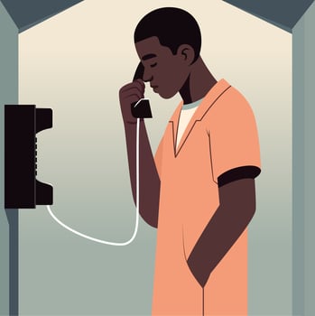 Young black man in a prison setting, standing inside a phone booth, deep in conversation, flat style vector illustration, Prisoner taking a phone call, stock vector image