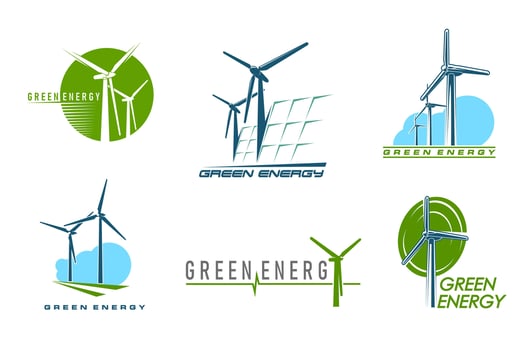 Wind turbine and solar panel, clean energy icons vector