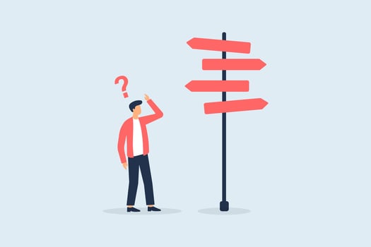 Confused in making decisions, concept illustration of confused businessman looking at road sign with question mark above head. Vector illustration