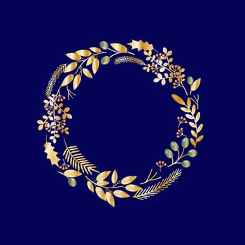 Christmas wreath golden branches of christmas tree berries plants on dark blue background, Merry Christmas and Happy New Year vector illustration