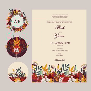 Vector ornate Wedding Invitation Card with Envelop Stickers. Floral round stickers, labels, tags, monogram with one Wedding card template in fall colors with place for texts