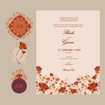 Vector ornate Wedding Invitation Card with Envelop Stickers. Floral round stickers, labels, tags, monogram with one Wedding card template in fall colors with place for texts
