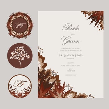 Vector ornate Wedding Invitation Card with Envelop Stickers. Floral round stickers, labels, tags, monogram with one Wedding card template in fall colors with place for texts