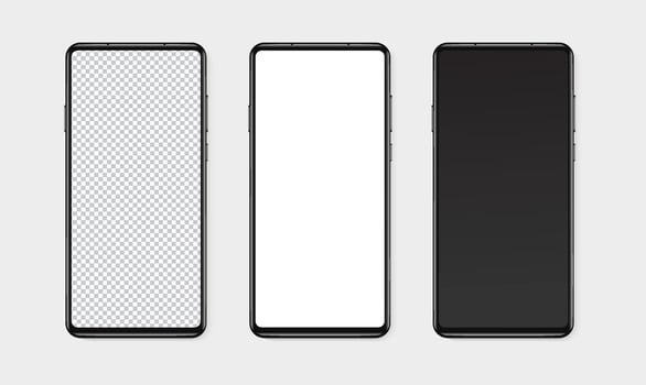 Realistic smartphone mockup set. Mobile phone blank, white, transparent screen design mock up. Isolated vector illustration