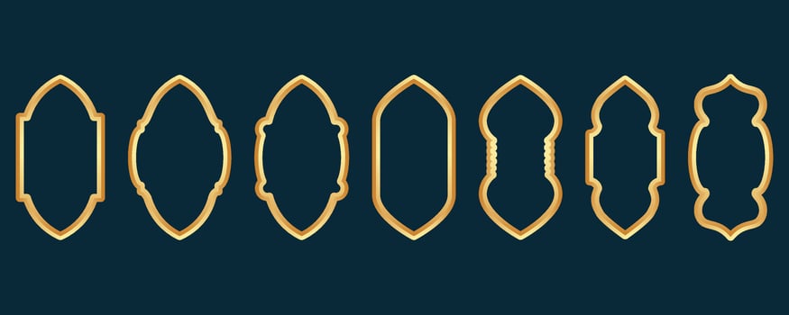 Ramadan golden frame. Islamic window shape. Arabic vector arch. Muslim vintage border for design. Indian decoration in oriental style.
