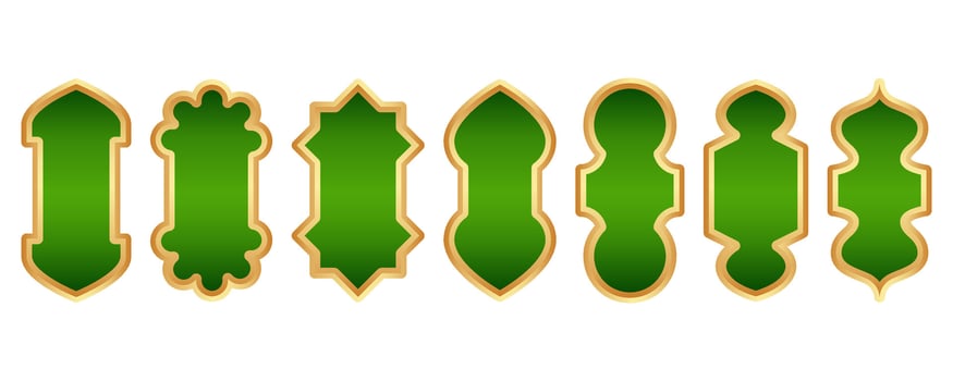 Ramadan golden frame. Islamic window shape. Arabic vector arch. Muslim vintage border for design with green background. Indian decoration in oriental style.
