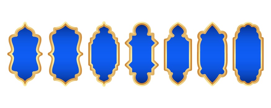 Ramadan golden frame. Islamic window shape. Arabic vector arch. Muslim vintage border for design with blue background. Indian decoration in oriental style.