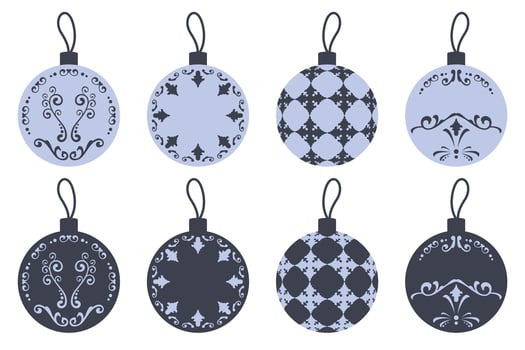 Christmas ball. Set of Vintage hand drawn round toys for Christmas tree. Holiday elements with luxury antique elegant ornament. Vector flat illustration for greeting card, print, invitations