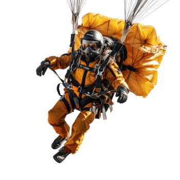 a skydiver flying with an open parachute, isolated png