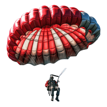 a skydiver flying with an open parachute, isolated png