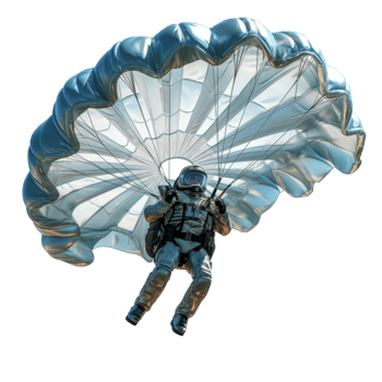 a skydiver flying with an open parachute, isolated png