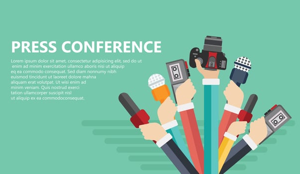 Microphones in reporter hands. Set of microphones and recorders isolated on blue background. Mass media, television, interview, breaking news, press conference concept. Flat vector illustration.