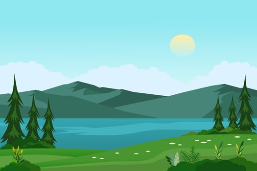 Mountain lake landscape vector illustration with green meadows and trees in the morning.