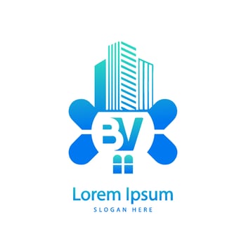 modern BV letter real estate logo in linear style with simple roof building vector
