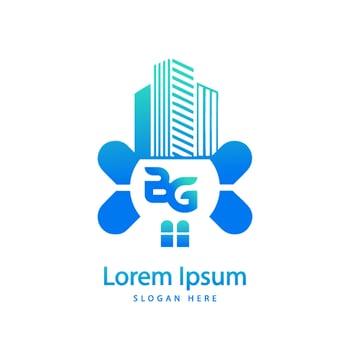 modern BG letter real estate logo in linear style with simple roof building vector