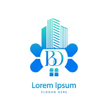modern BD letter real estate logo in linear style with simple roof building vector