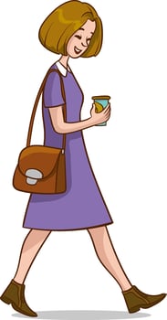 Illustration of a Girl Walking with a Bag and a Coffee Cup vector