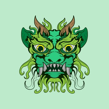 Chinese lion dance head, China Lunar New Year dragon mask. Traditional asian character, costume for holiday celebration, cartoon design element isolated on white background vector