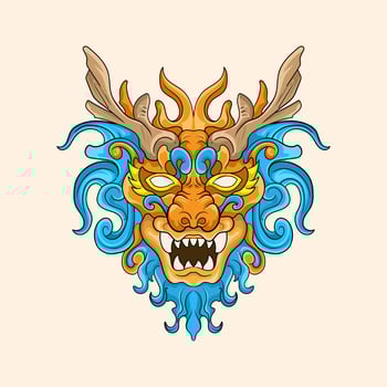 Chinese lion dance head, China Lunar New Year dragon mask. Traditional asian character, costume for holiday celebration, cartoon design element isolated on white background vector