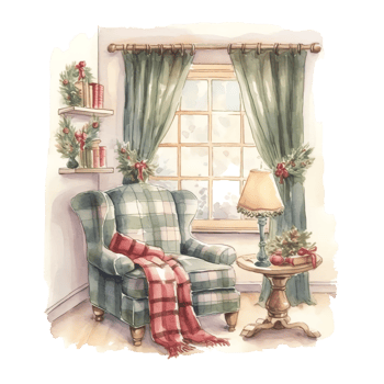 Watercolor Christmas Cozy Reading Corner Sublimation. png