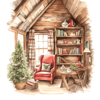 Watercolor Christmas Cozy Reading Corner Sublimation. ai generated png