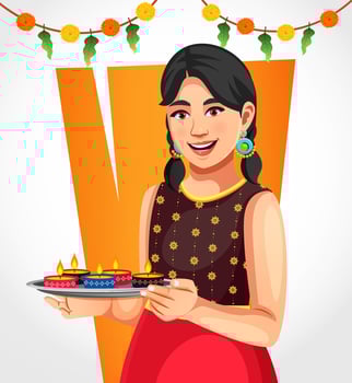 Happy young Indian girl in ethnic clothes holding Diya lamps for Diwali festival celebration vector