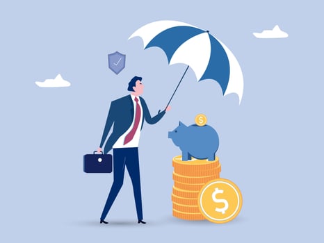 Financial insurance. People saving money and protecting bank deposit. Safety investment. Concept of money protection, guarantee. Financial saving insurance. Vector illustration.