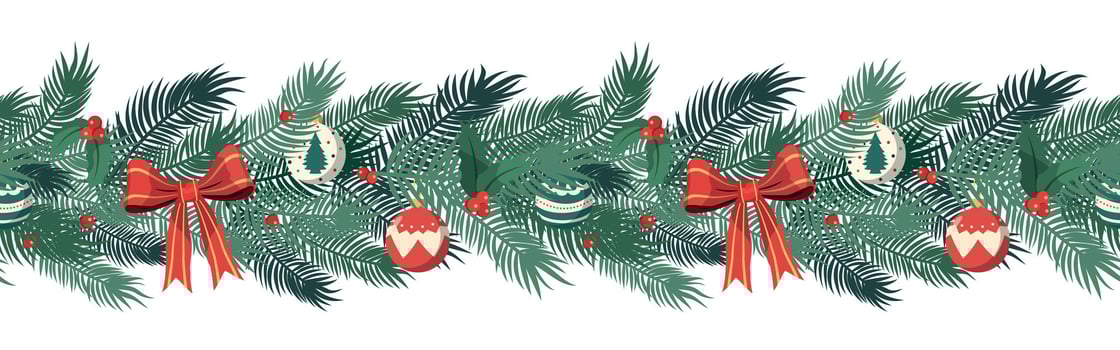 Christmas horizontal seamless border with fir tree branches, bows and baubles. Vector illustration for Christmas and New Year. Isolated on white background