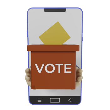 3d render icon of smartphone, voting box and hand holding ballot paper. concept illustration of online voting via mobile phone png