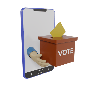 3d render icon of smartphone, voting box and hand holding ballot paper. concept illustration of online voting via mobile phone png