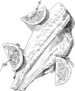 Lemon fillet fish dish sketch illustration vector
