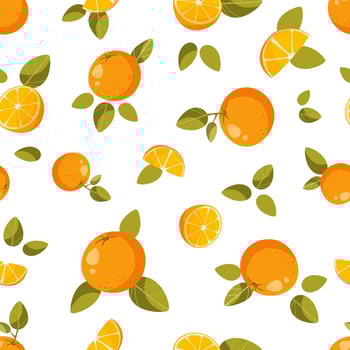 Seamless pattern, whole oranges, halves and orange slices, with green leaves on a white background. Abstract fruit background. Ideal for textile production, wallpaper, posters, etc.Vector illustration vector