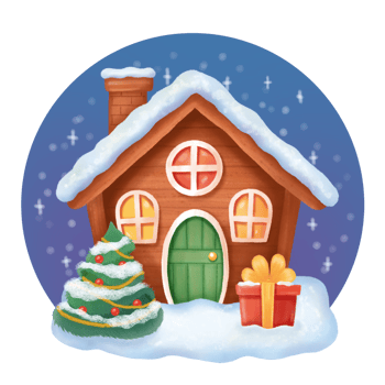 Fabulous magic house in the snow, a green Christmas tree and a gift. New Years winter illustration. Digital watercolor. High quality photo png