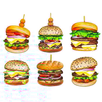 Set with hand drawn burgers, watercolor food illustration. vector