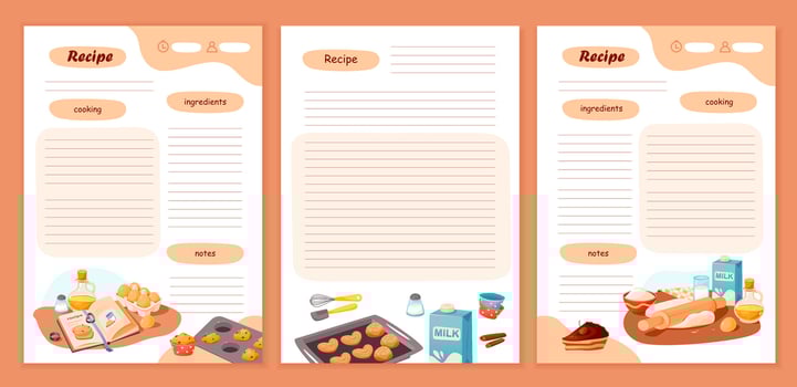 Recipe cards and meal planner. Template cookbook sheets for recipe, notes on cooking and ingredients. Vector cartoon illustration