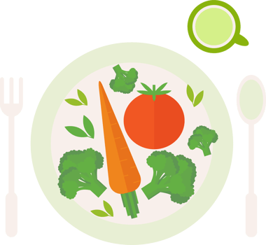 Plate with vegetables ready for cooking and a glass, fork, spoon on the table, flat illustration png
