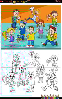cartoon pupils or students characters group coloring page vector