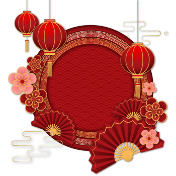 Chinese New Year background with paper lanterns, fan and flowers. png