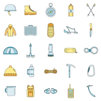 Mountaineering equipment icons set vector color