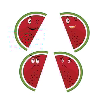 Watermelon cartoon, fresh fruit vector illustration, with different faces and expressions. Comic watermelons vector