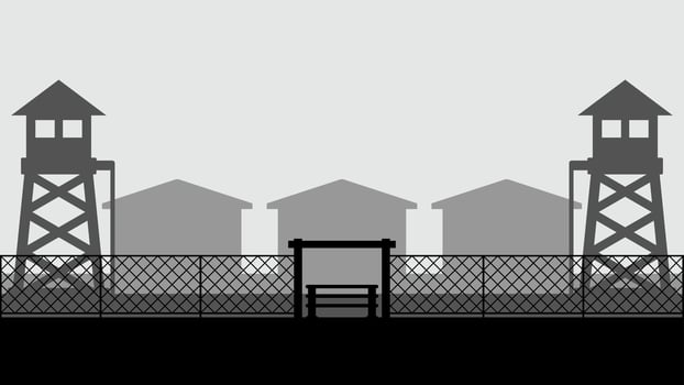 Military base landscape vector illustration. Silhouette of military base gate with watchtower and barracks. Military landscape for background, wallpaper or landing page