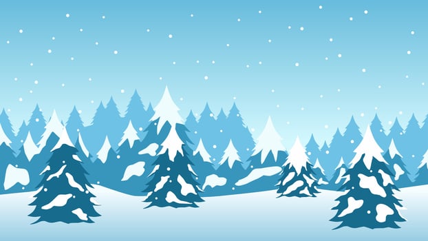 Winter pine forest landscape vector illustration. Silhouette of snow covered coniferous in cold season. Pine forest landscape for background, wallpaper or landing page