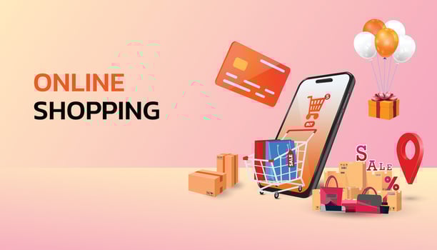 online shopping concept, e-commerce, flash sale, discount, payment cashless, digital, flat illustration vector, the concept of online shopping on social media app, Shopping Online on Website or Mobile vector