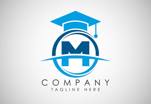 English alphabet M in a circle with education hat. Education and graduation logo vector