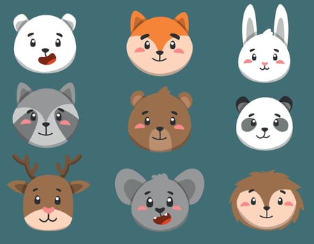 set of cute forest animals faces in vector, children characters for design vector