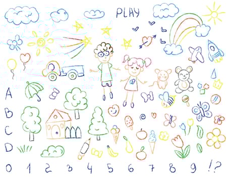 Set of children's scribbles, doodles with colored pencils. Children's drawings of flowers, plants, toys, numbers, objects, rainbows. Vector drawn with a brush