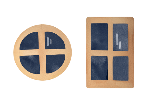 old windows with dark night glass and wooden beige frames. round and vertical rectangular windows set. Clip art Watercolor windows illustration on transparent background. Cut out collection png