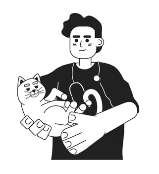 Veterinarian male middle eastern black and white 2D cartoon character. Arab vet man holding cat in hands isolated vector outline person. Specialist with pet monochromatic flat spot illustration
