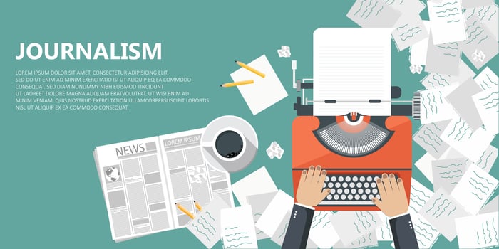 Journalism flat banner. Equipment for journalist on desk. Flat vector illustration