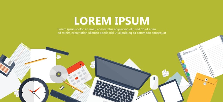 Flat banner design with text for business and management purposes. Modern office work desk with laptop and office equipment in flat vector. vector